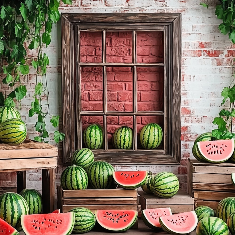 Watermelon Photography Backdrop Brick Watermelon Window Summer Backdrop CJJ3-263