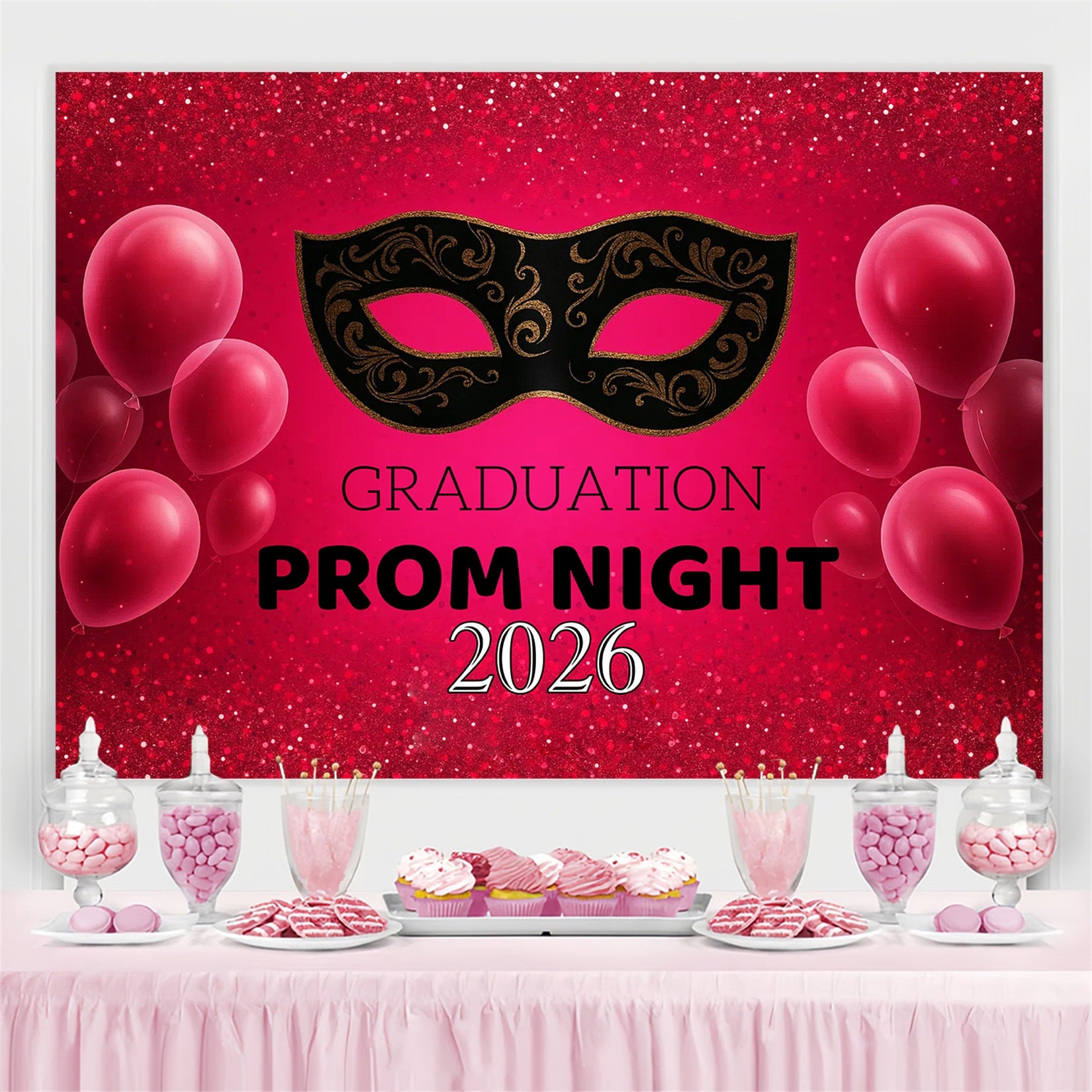 Prom 2026 Backdrop Glitter Mask Balloon Party Graduation Backdrop CJJ3-272