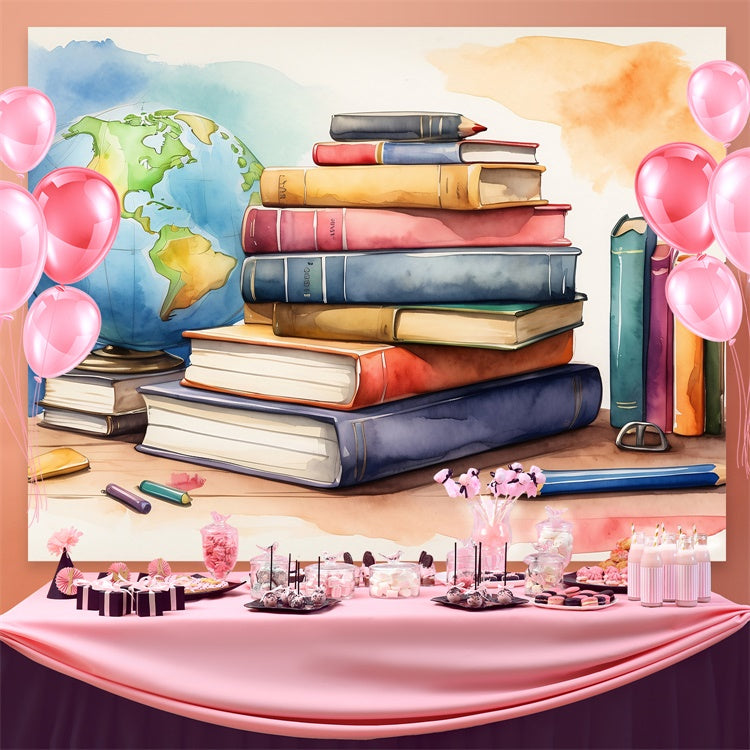 World Book Day Backdrop Watercolor Globe Books Backdrop CJJ3-51