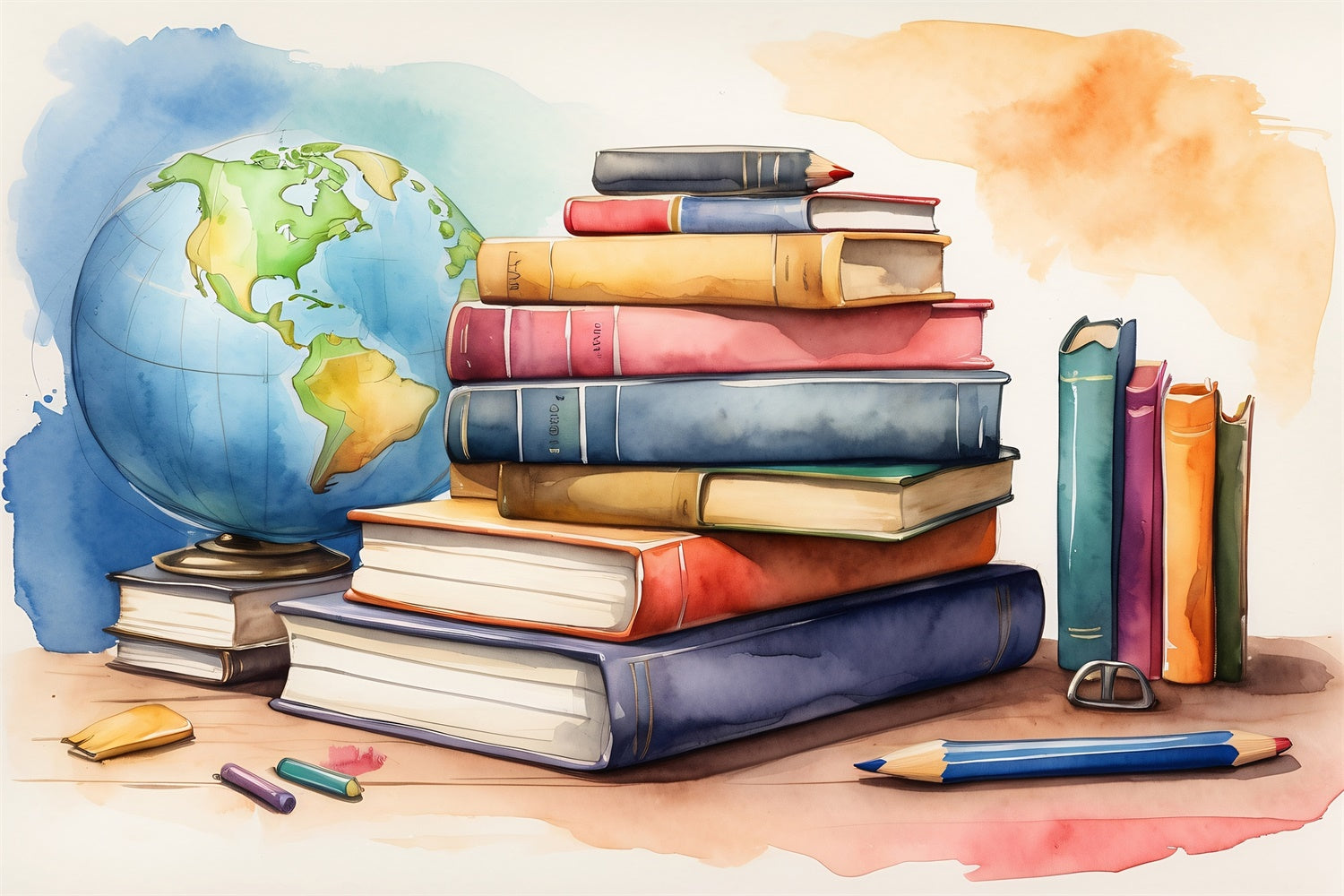 World Book Day Backdrop Watercolor Globe Books Backdrop CJJ3-51