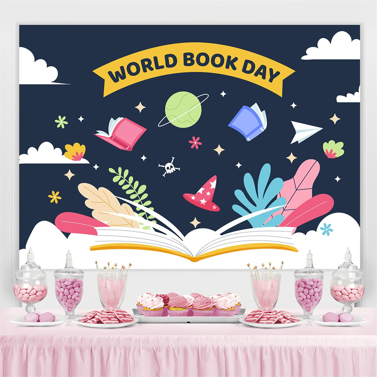 World Book Day Backdrop Floating Books Starry Backdrop CJJ3-75