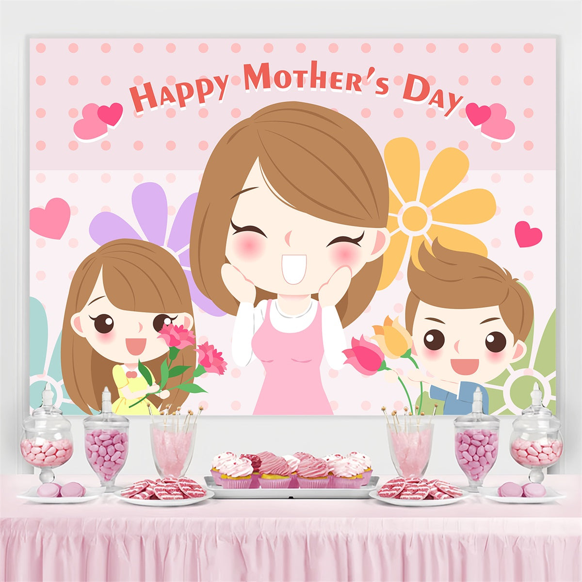 Backdrops For Mother's Day Warm Family Cartoon Custom Backdrop CJJ3-89