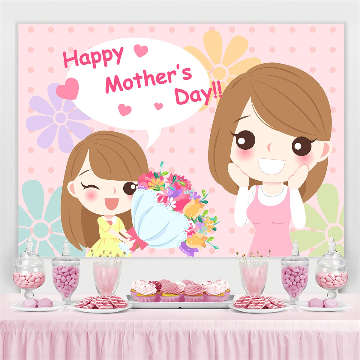 Mothers Day Photo Backdrop Flower Cartoon Pink Custom Backdrop CJJ3-90