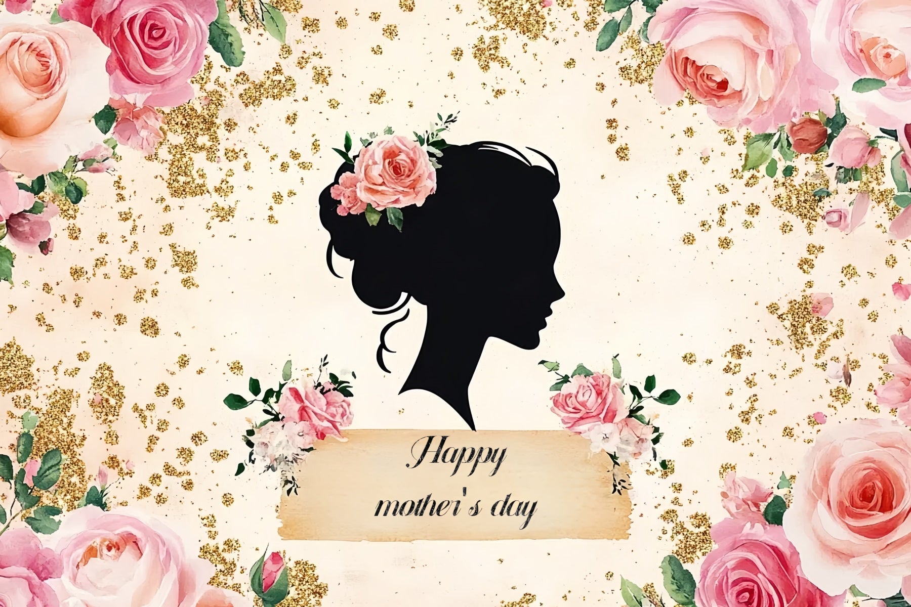 Mother's Day Photo Backdrop Rose Silhouette Gold Customized Backdrop CSH-133