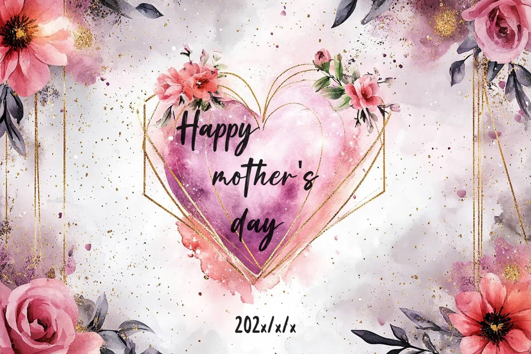 Mothers Day Backdrops Gold Heart Floral Personalized Backdrop CSH-139