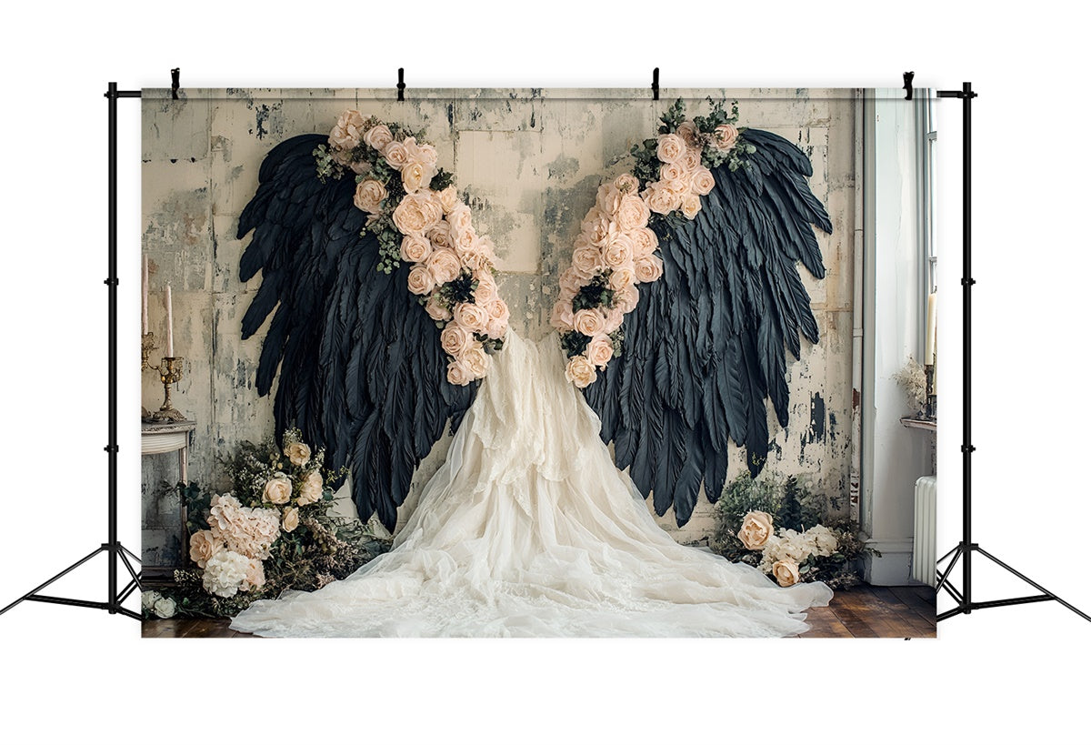 Flower Wall Backdrop Black Feathered Wings Rose Backdrop CSH2-226