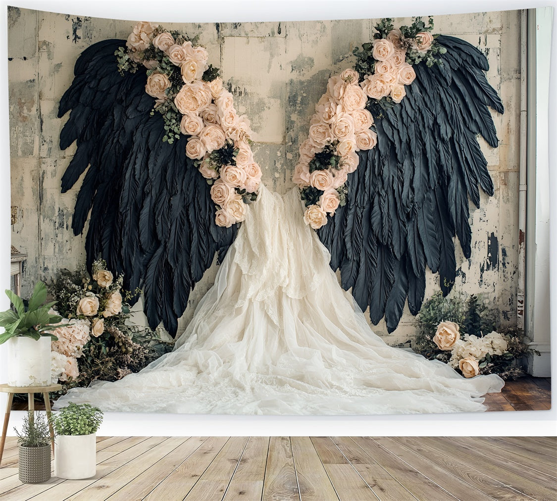 Flower Wall Backdrop Black Feathered Wings Rose Backdrop CSH2-226