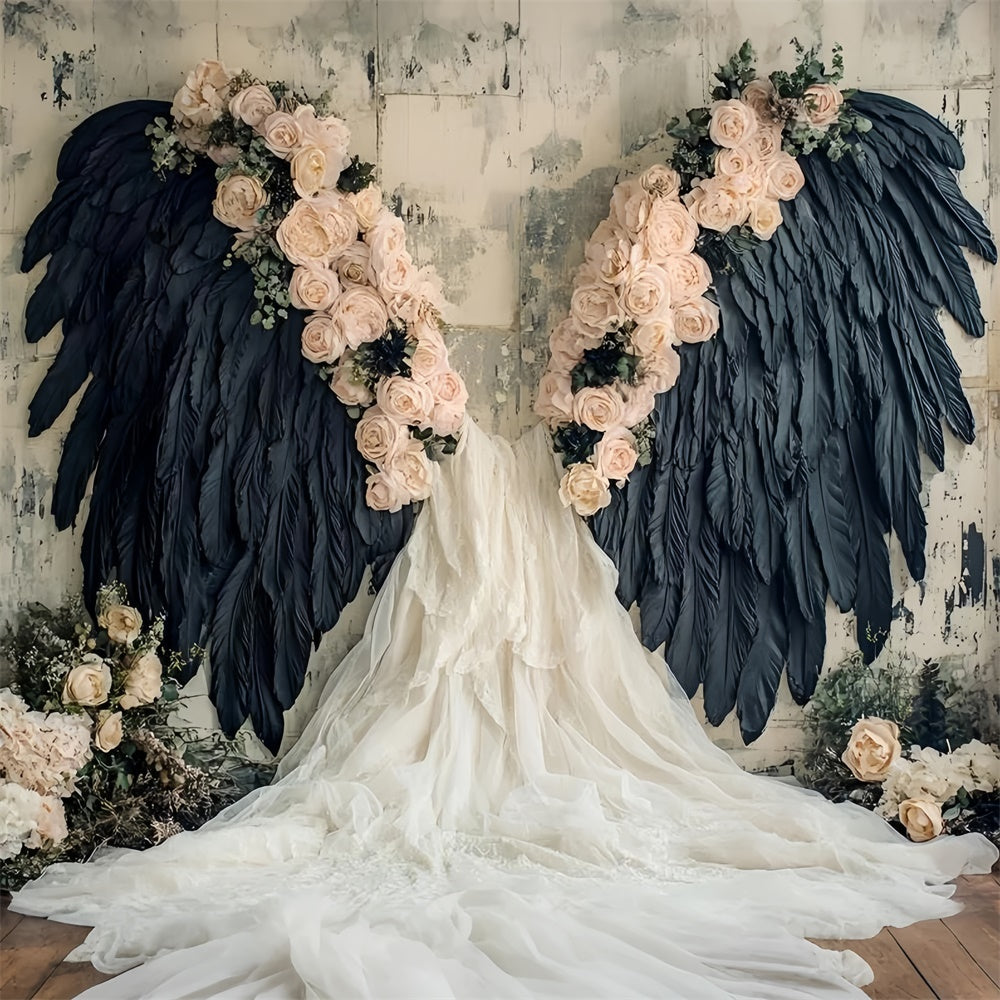 Flower Wall Backdrop Black Feathered Wings Rose Backdrop CSH2-226