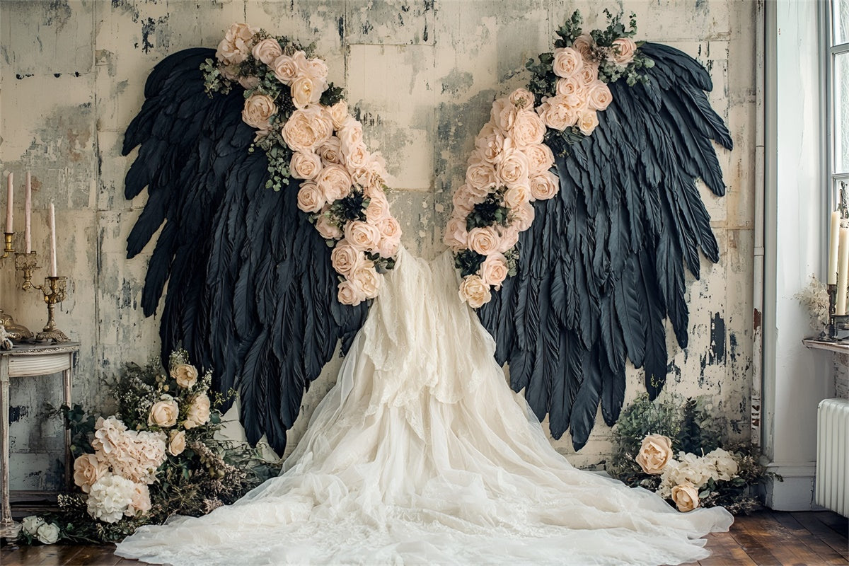 Flower Wall Backdrop Black Feathered Wings Rose Backdrop CSH2-226