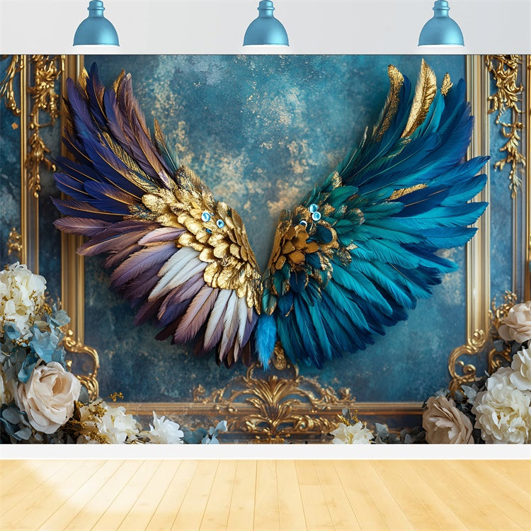 Vintage Wall Backdrop Opulent Peacock Wings Blue Backdrop CSH2-228