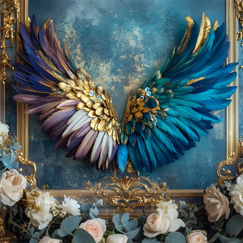 Vintage Wall Backdrop Opulent Peacock Wings Blue Backdrop CSH2-228