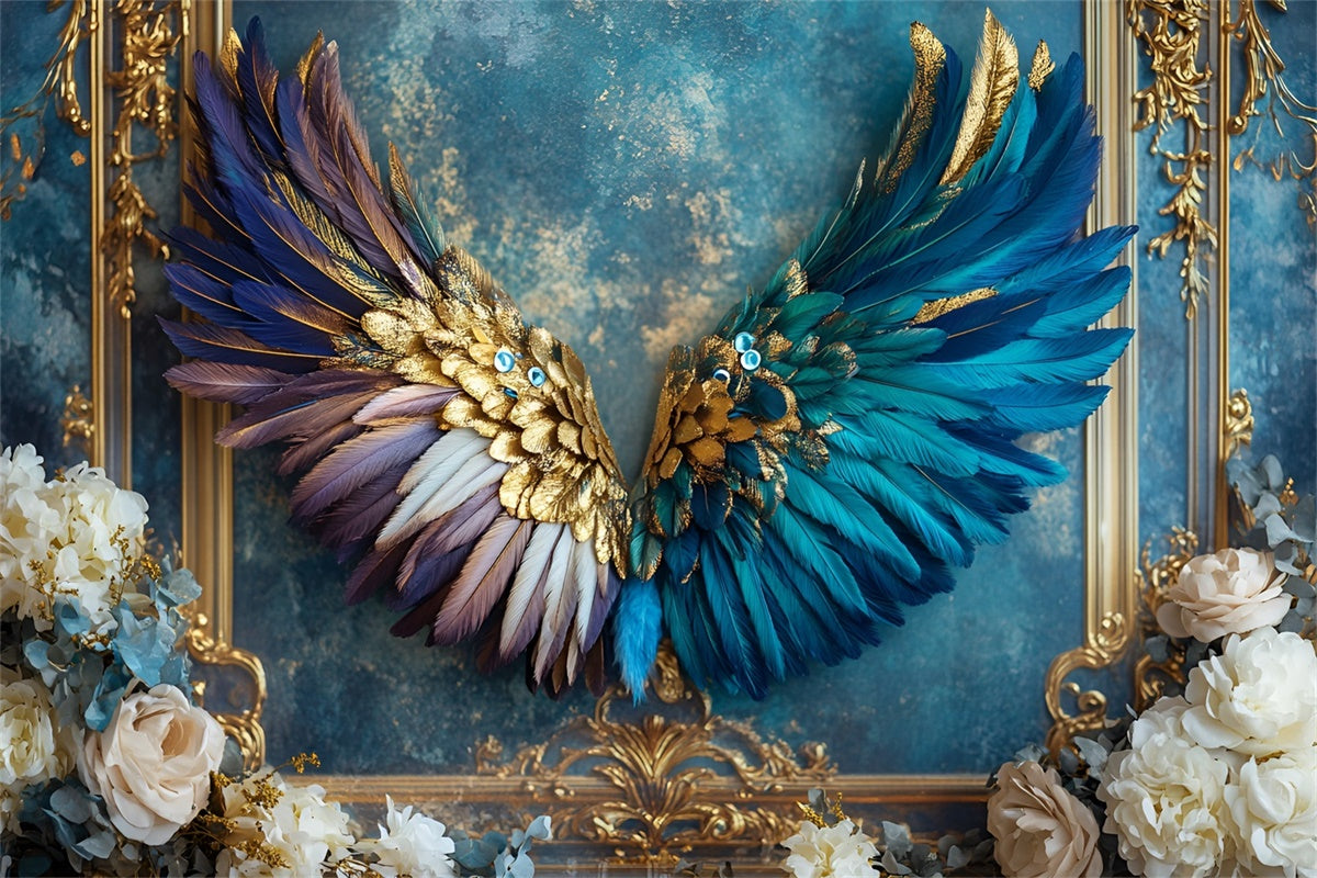Vintage Wall Backdrop Opulent Peacock Wings Blue Backdrop CSH2-228