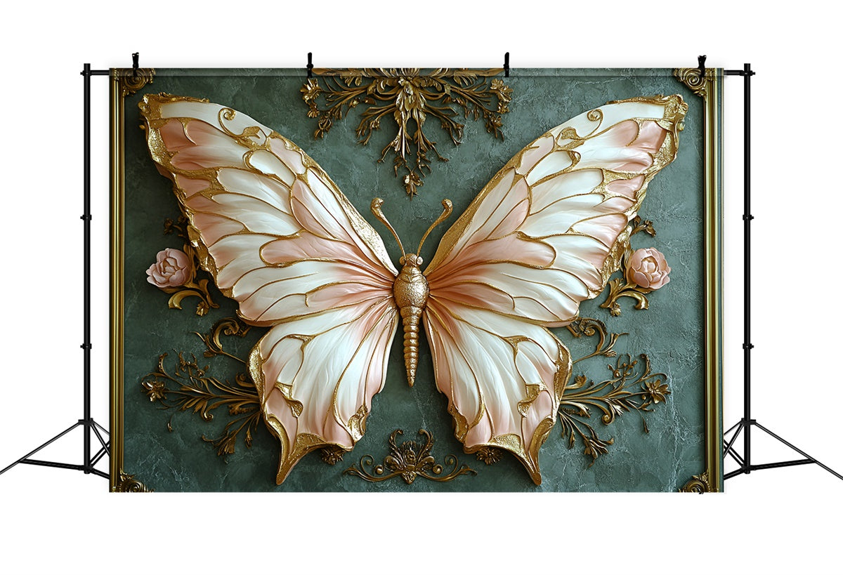Vintage Green Wall Backdrop Luxurious Butterfly Gold Accents Backdrop CSH2-237