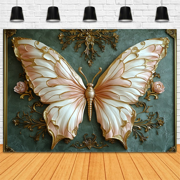 Vintage Green Wall Backdrop Luxurious Butterfly Gold Accents Backdrop CSH2-237