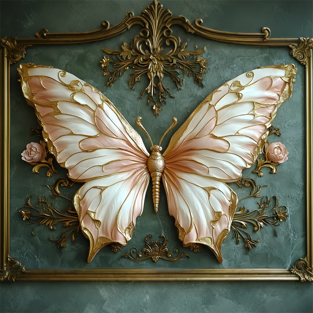 Vintage Green Wall Backdrop Luxurious Butterfly Gold Accents Backdrop CSH2-237