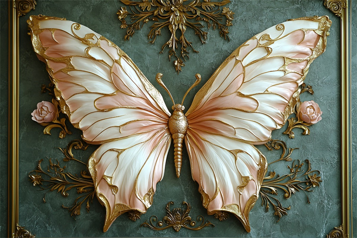Vintage Green Wall Backdrop Luxurious Butterfly Gold Accents Backdrop CSH2-237