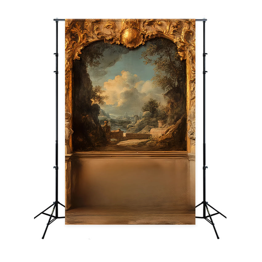 Vintage Wall Backdrop Golden Framed Rustic Landscape Backdrop CSH2-250