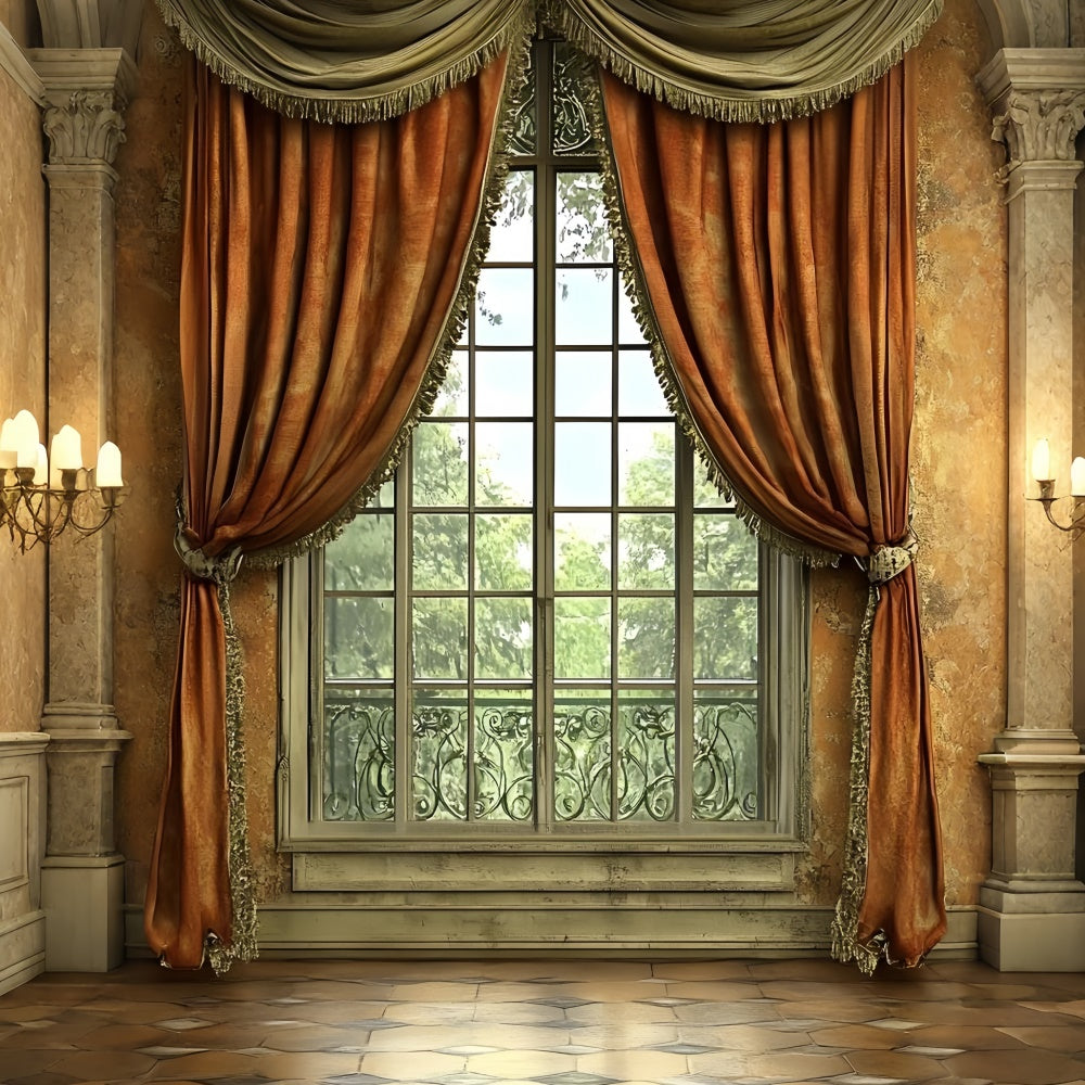 Vintage Wall Backdrop Warm Orange Curtains Window Backdrop CSH2-254