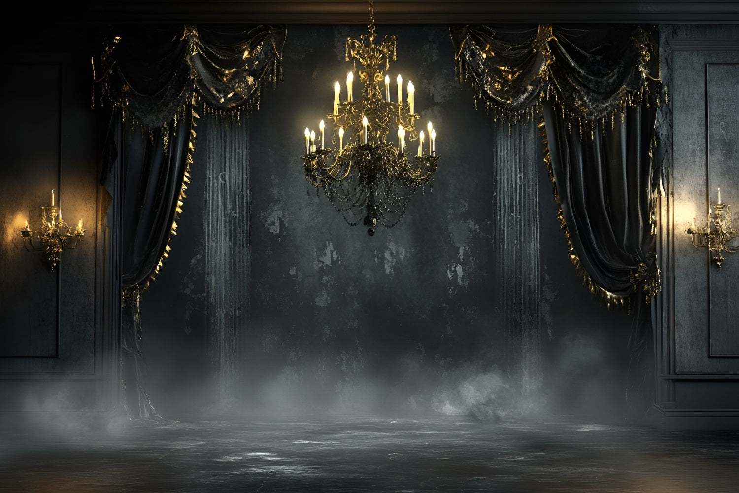 Black Wall Backdrop Gothic Black Chandelier Ballroom Backdrop CSH2-256