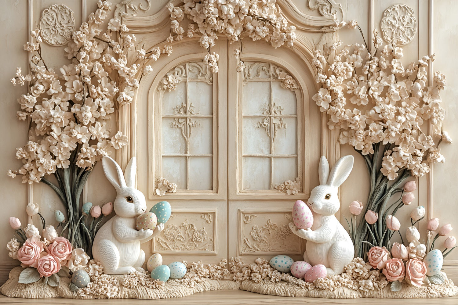Easter Photo Backdrop Creamy Floral Bunny Fantasy Backdrop CSH2-57