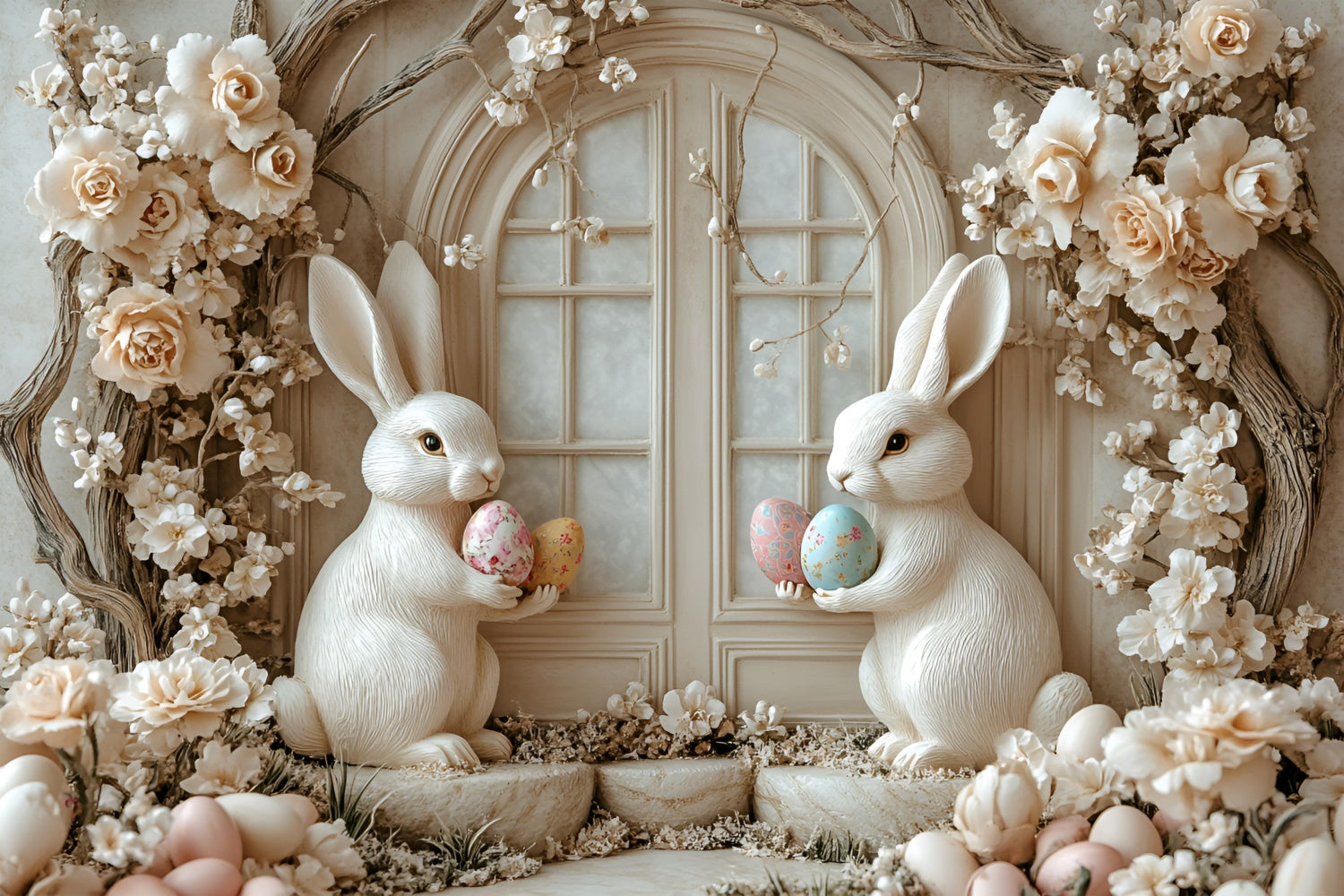 Easter Photo Backdrop Rustic Floral Bunny Window Backdrop CSH2-59