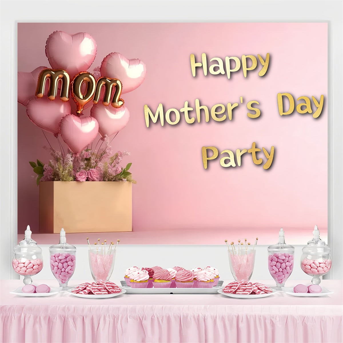 Mother's Day Backdrop Pink Floral Heart Balloon Custom Backdrop CSH3-103