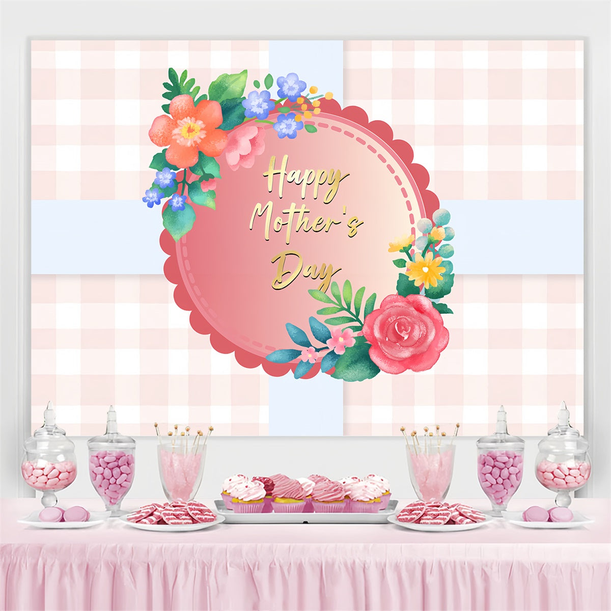Happy Mother's Day Backdrop Pastel Plaid Floral Custom Backdrop CSH3-112