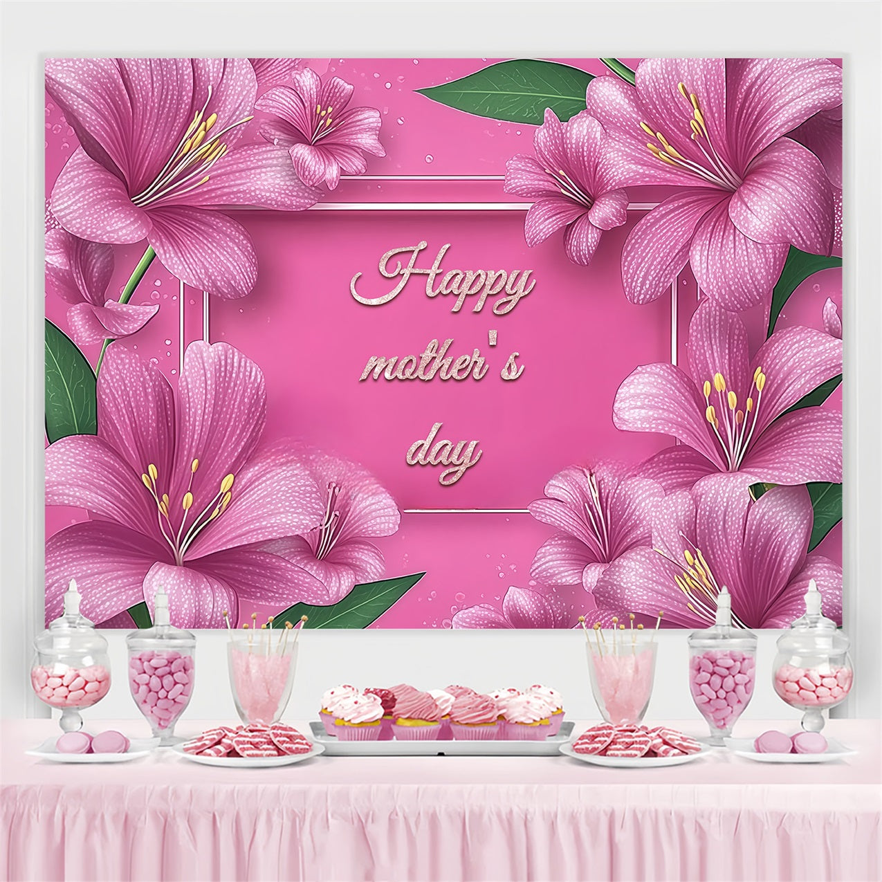 Mother's Day Backdrop Pink Lily Floral Frame Customized Backdrop CSH3-131