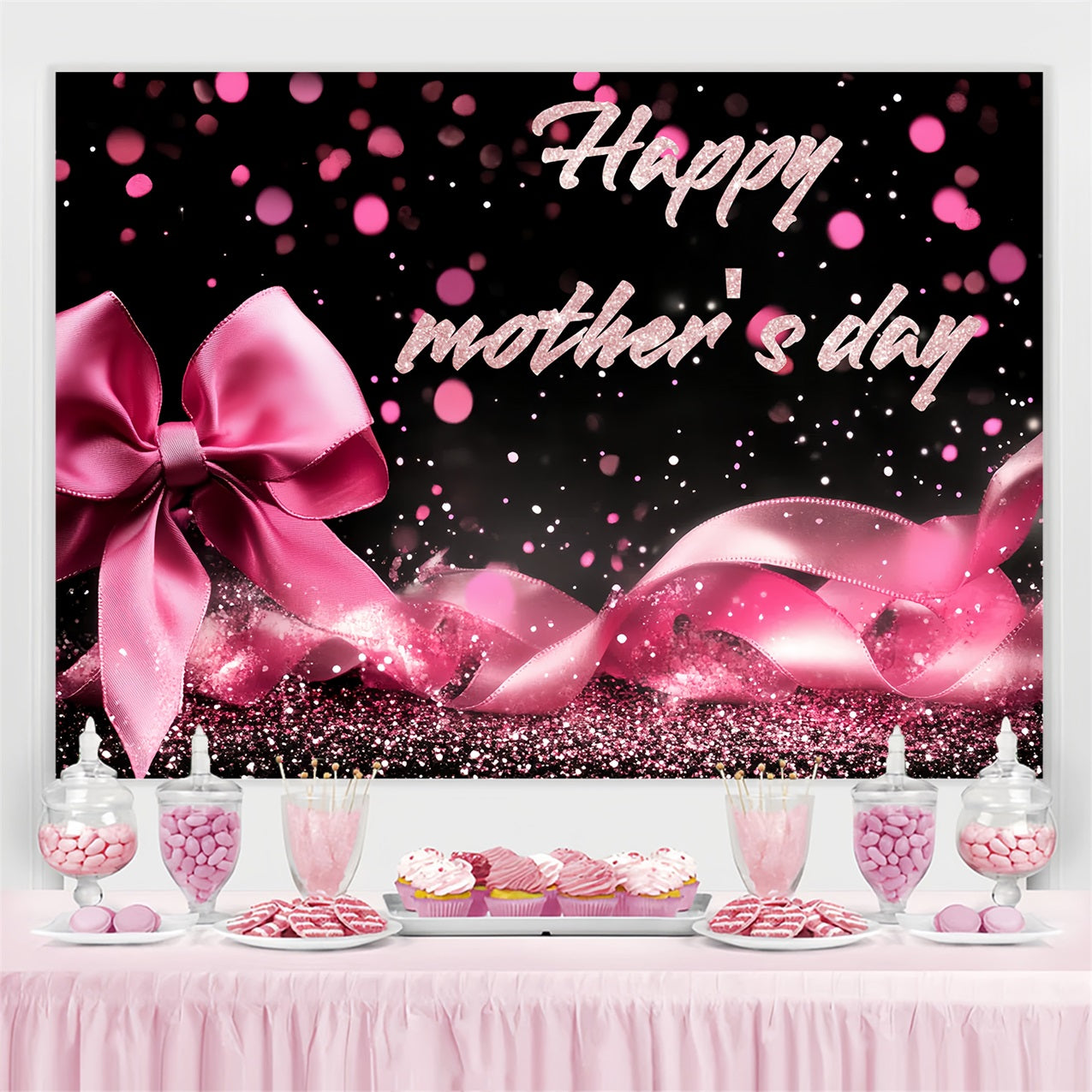 Happy Mothers Day Backdrop Glitter Pink Bow Personalised Backdrop CSH3-158