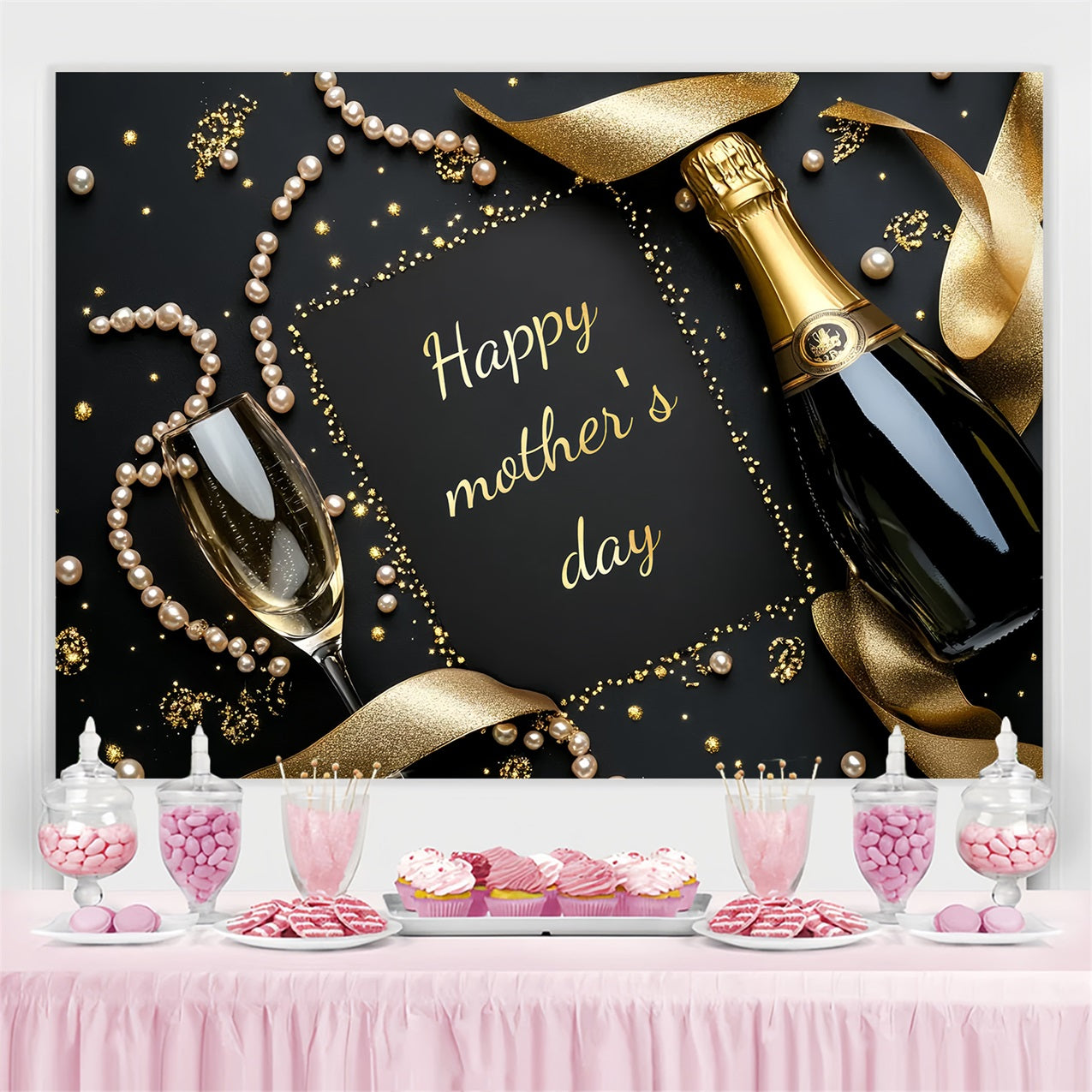 Backdrops For Mother's Day Gold Champagne Pearls Personalised Backdrop CSH3-174