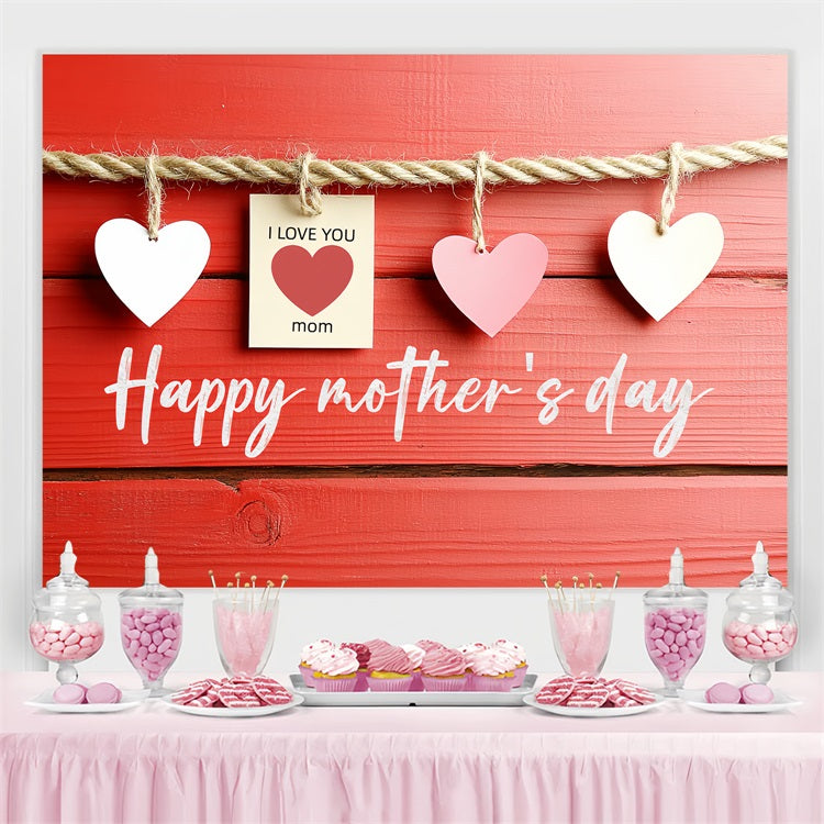 Mother's Day Photo Backdrops Red Wooden Hanging Hearts Custom Backdrop CSH3-176