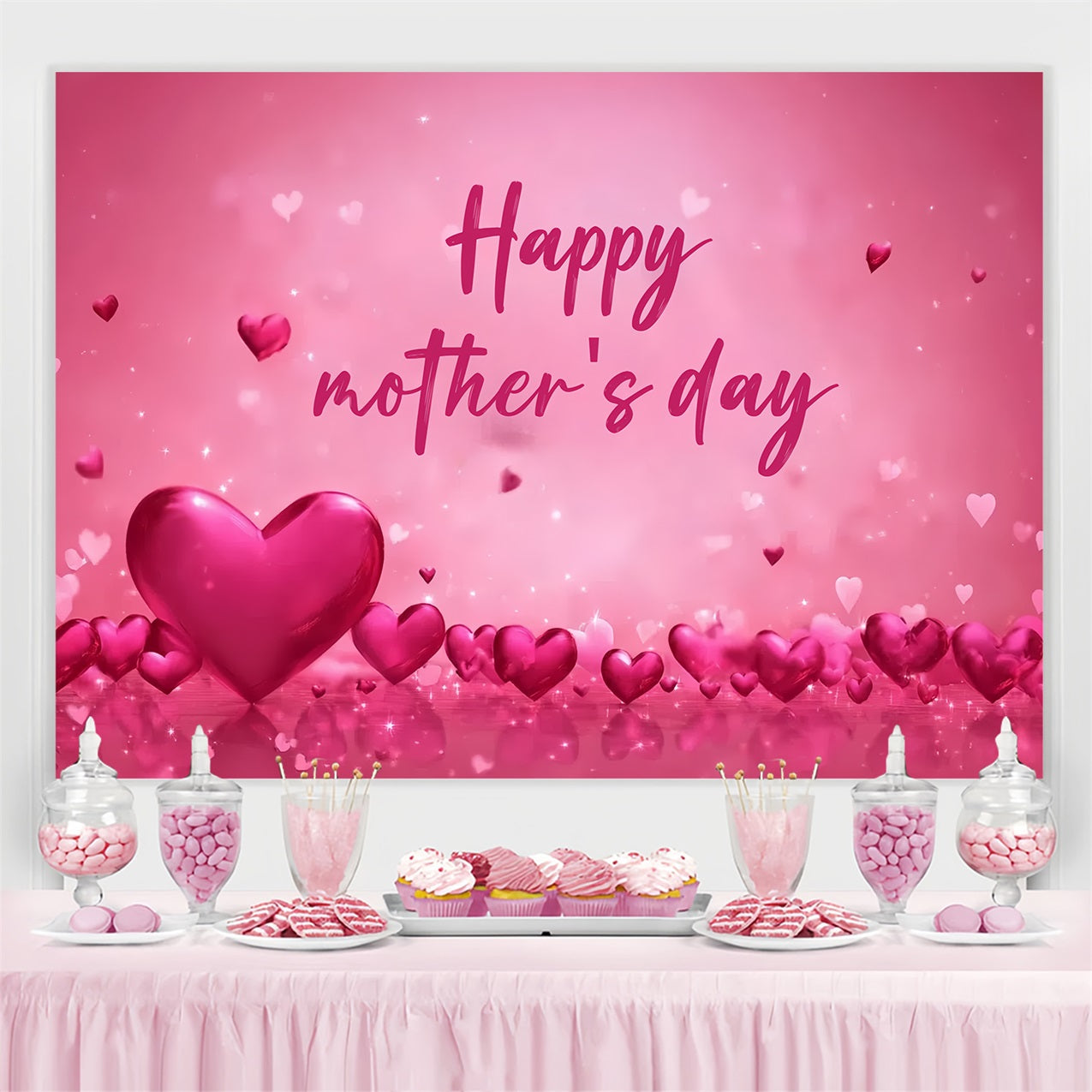Backdrops For Mothers Day Pink Romantic Hearts Personalised Backdrop CSH3-186