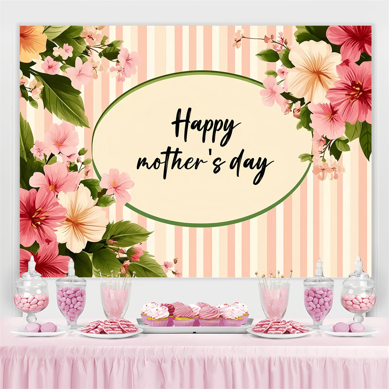 Happy Mothers Day Backdrop Floral Striped Personalized Backdrop CSH3-187