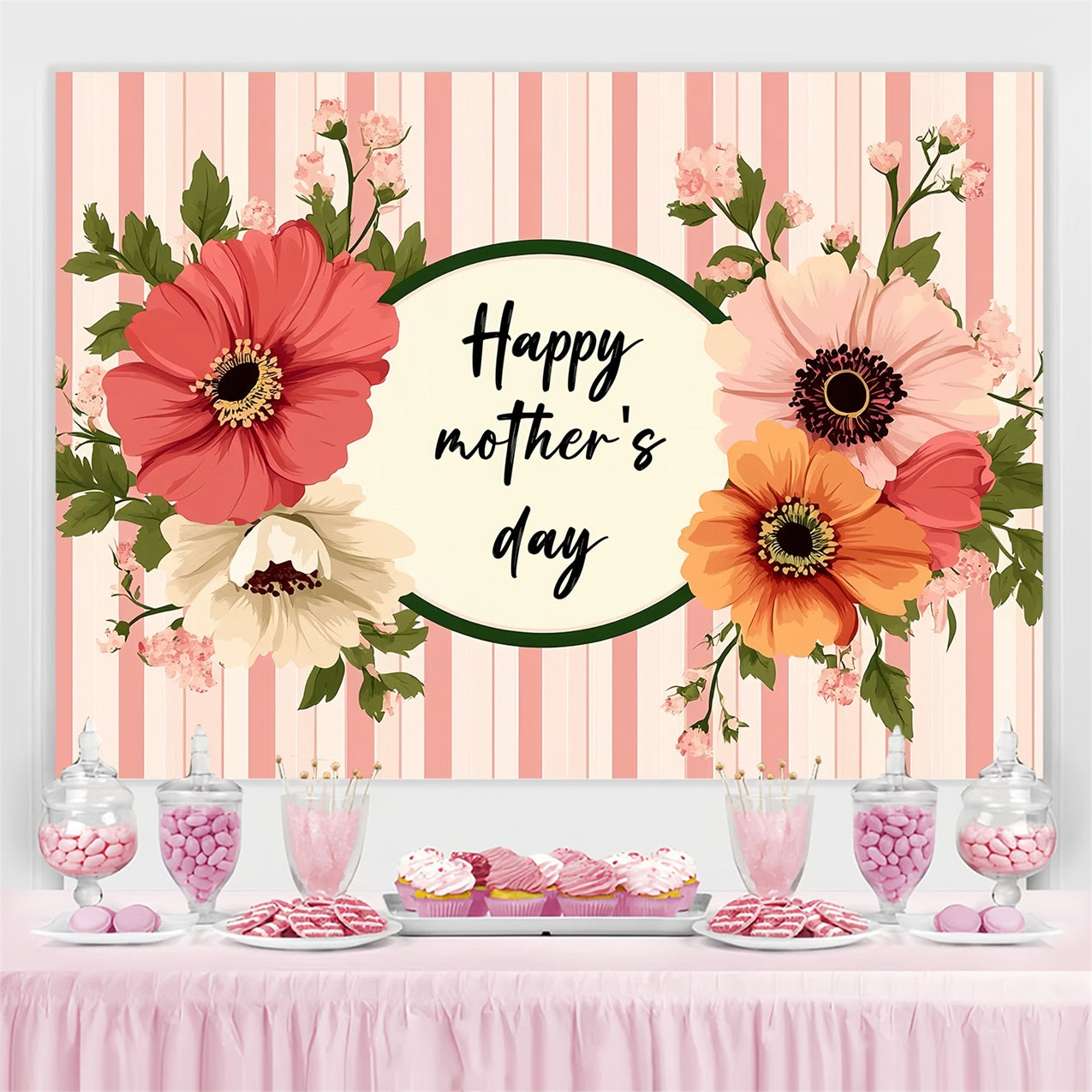 Backdrop Mother's Day Vintage Stripes Floral Custom Backdrop CSH3-189