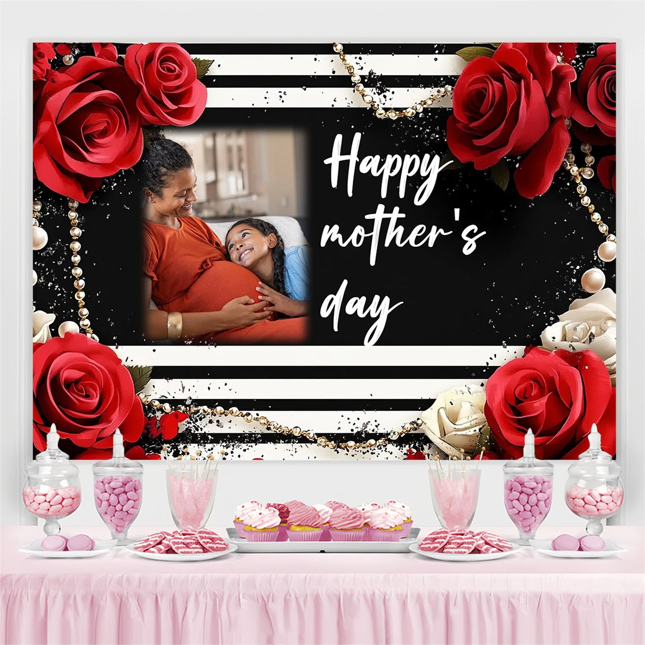 Mothers Day Backdrop Striped Elegance Rose Personalised Backdrop CSH3-196