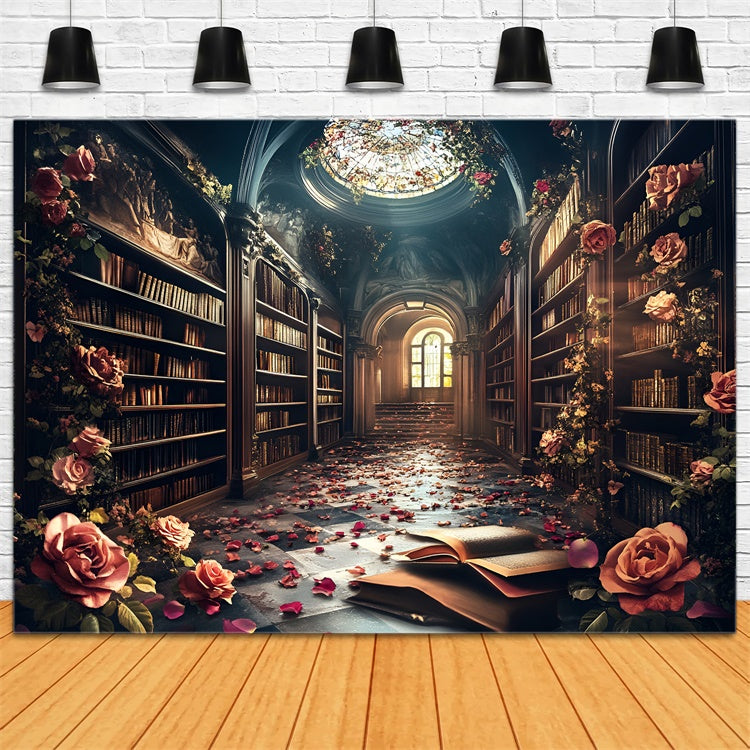 Back To School Picture Backdrop Enchanted Rose Library Backdrop CSH3-3