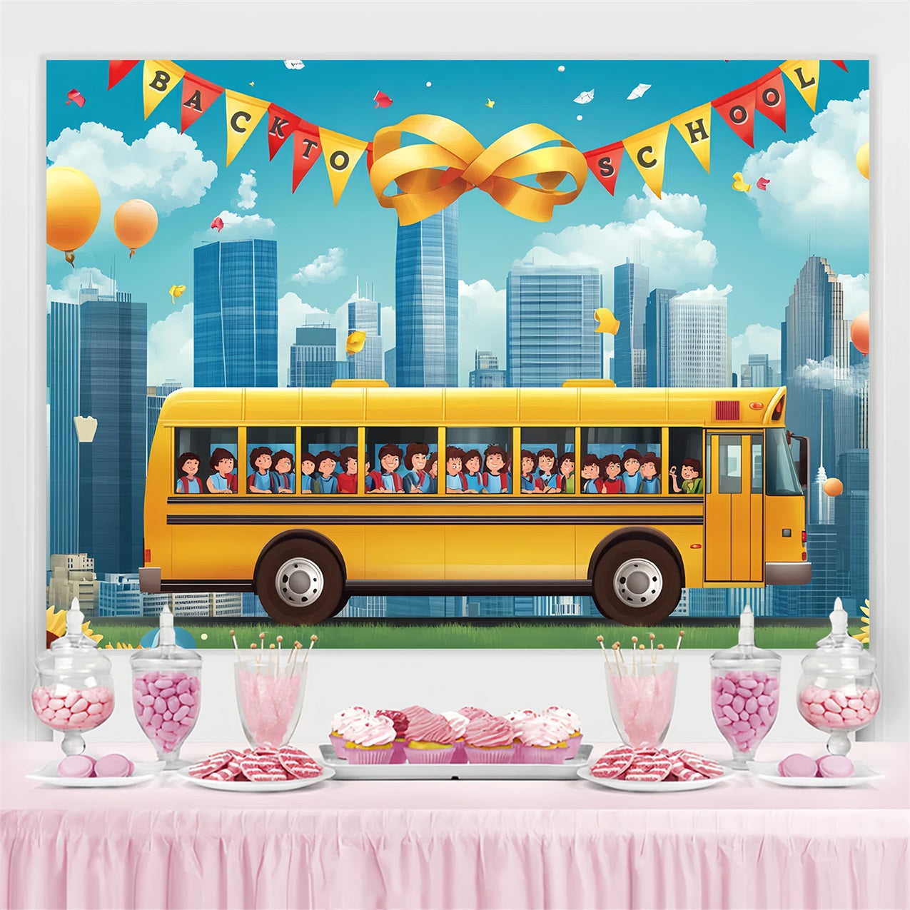 Backdrop For Back To School Yellow School Bus Cityscape Backdrop CSH3-55