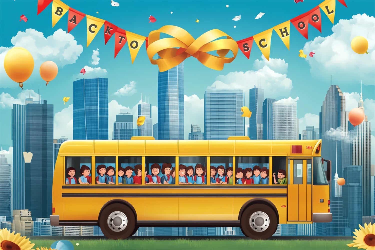 Backdrop For Back To School Yellow School Bus Cityscape Backdrop CSH3-55