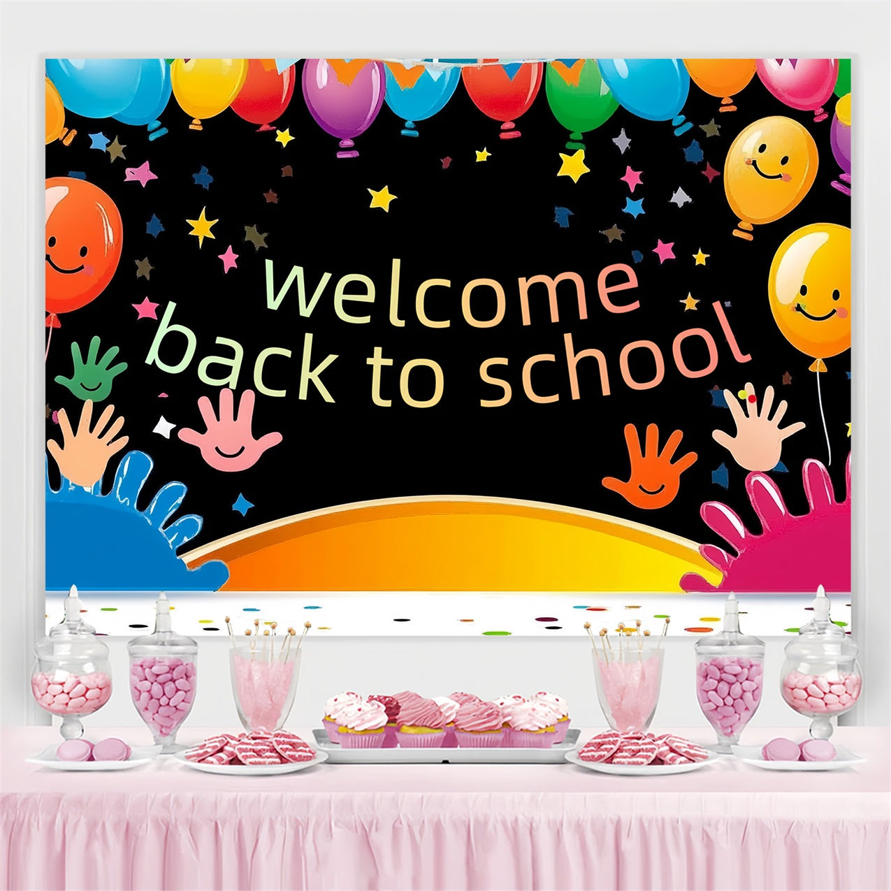 Back To School Backdrop Playful Handprints Colorful Balloon Backdrop CSH3-84
