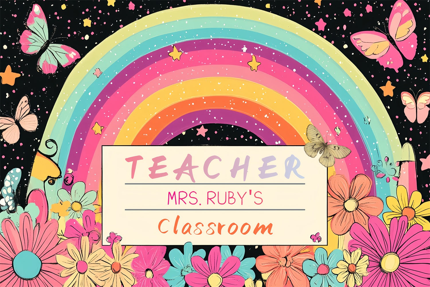 Back To School Backdrop Enchanted Butterflies Rainbow Custom Backdrop CSH3-89