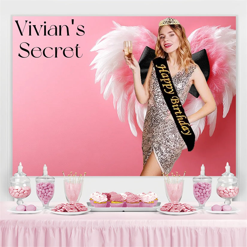 Personalized Birthday Photo Backdrop Pink Angel Wings Backdrop CSH4-14