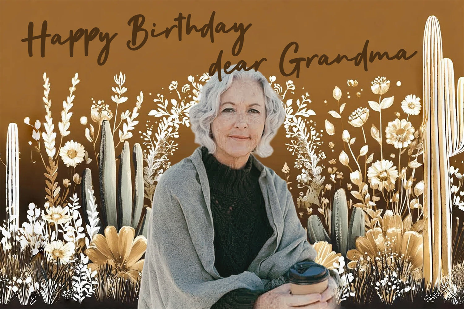 Personalized 70th Birthday Backdrop Grandma Floral Cactus Backdrop CSH4-19