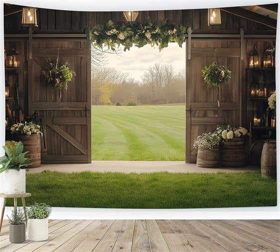Barn Wood Backdrop Wooden Flower Green Field Backdrop CSH4-218