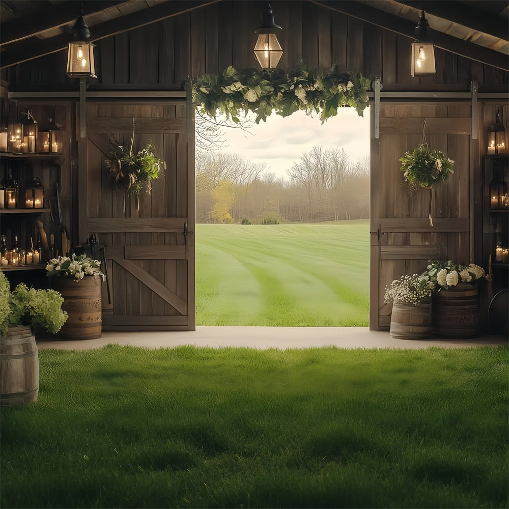 Barn Wood Backdrop Wooden Flower Green Field Backdrop CSH4-218