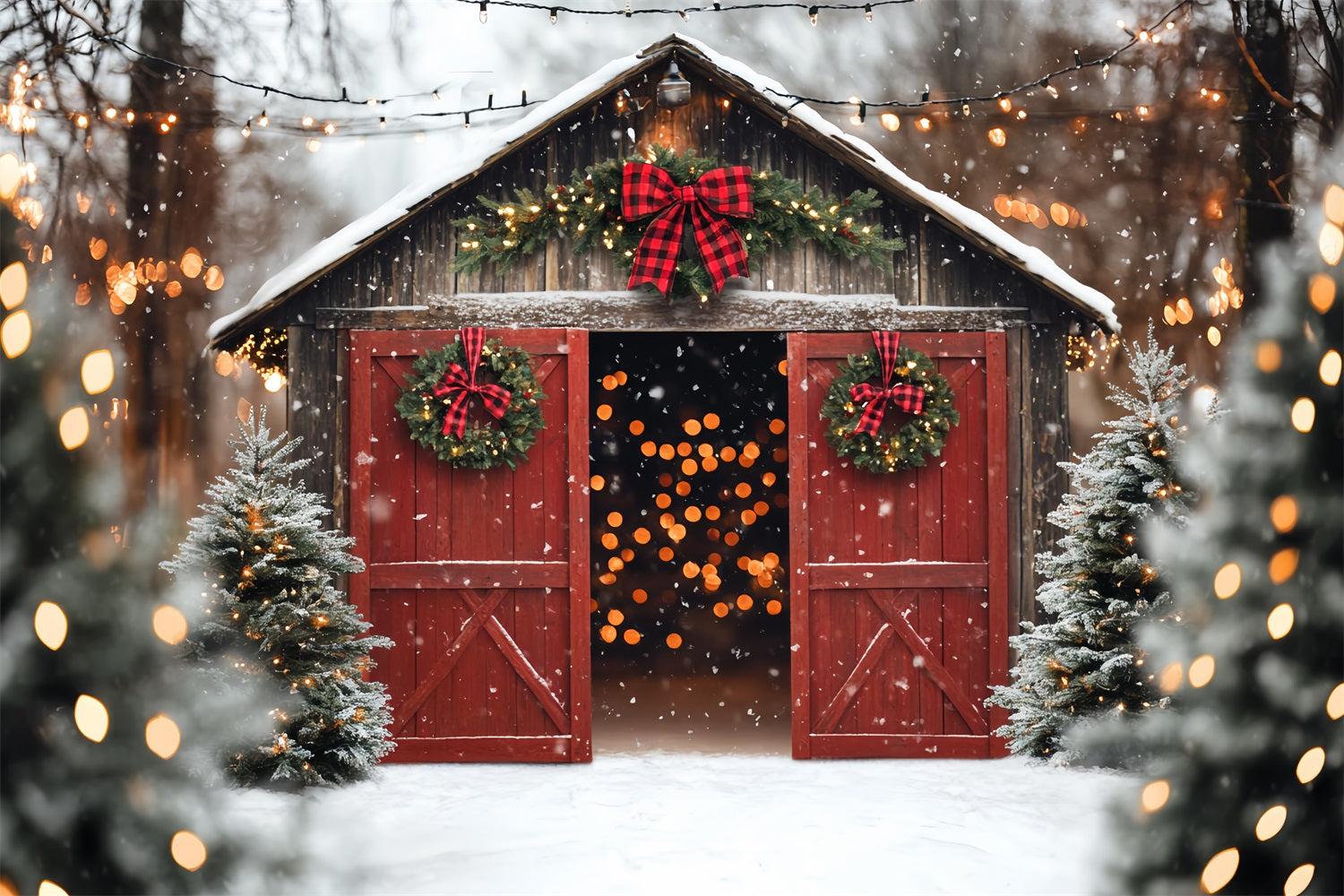 Red Barn Door Backdrop Red Door Christmas Pine Backdrop CSH4-224