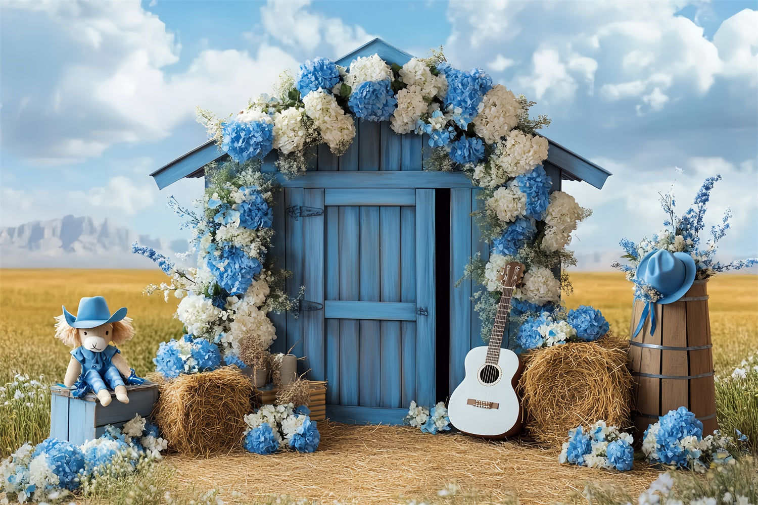 Barn Photo Backdrop Blue Floral Countryside Backdrop CSH4-231