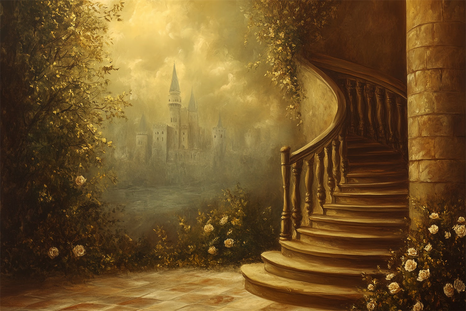 Victorian Photo Backdrop Spiral Staircase Castle Vintage Backdrop CSH4-273