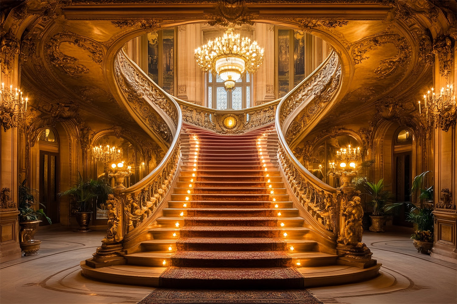 Victorian Photography Backdrop Red Carpeted Stairs Vintage Backdrops CSH4-285