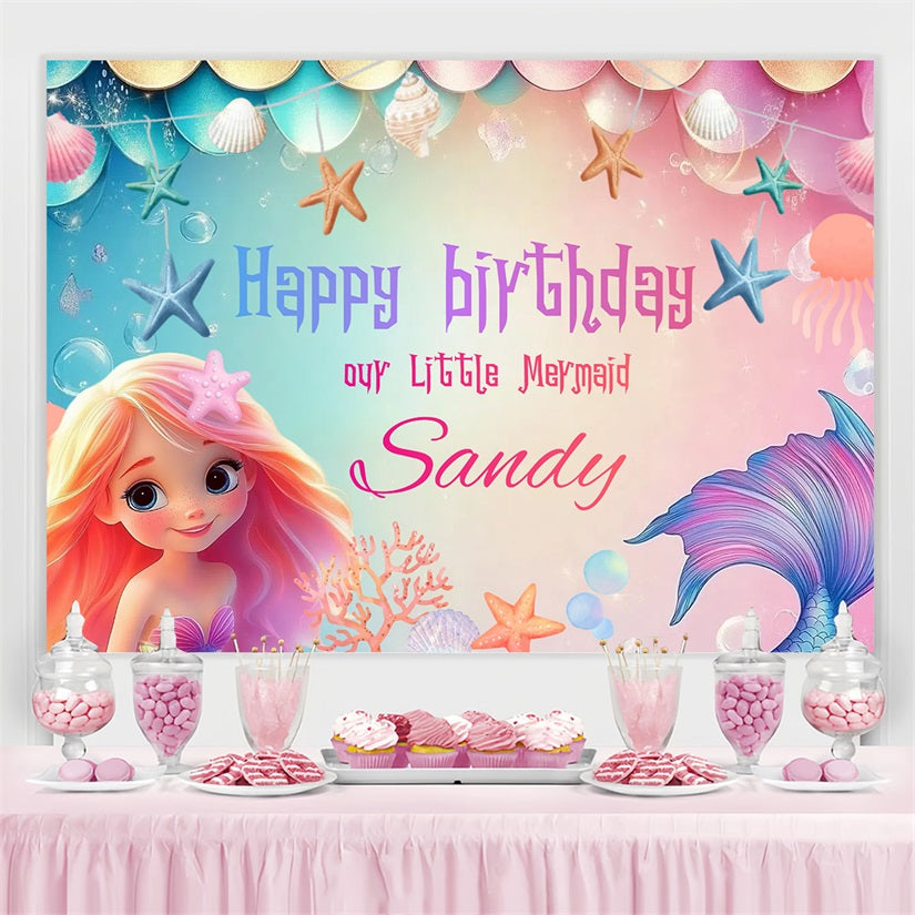 Custom Birthday Backdrops Mermaid Shells Starfish Backdrop CSH4-3