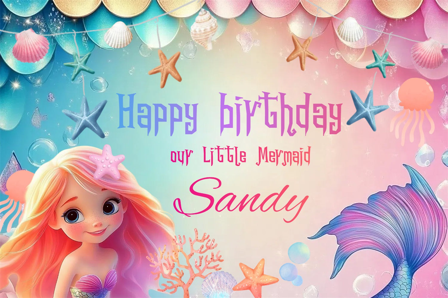 Custom Birthday Backdrops Mermaid Shells Starfish Backdrop CSH4-3